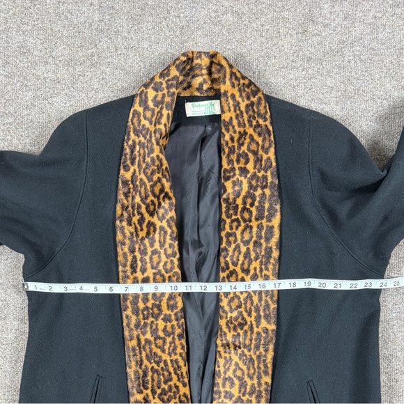 Vintage Black Open Front Wool Coat Leopard Fur Trim Women’s XL Mid Length Retro - Picture 11 of 16